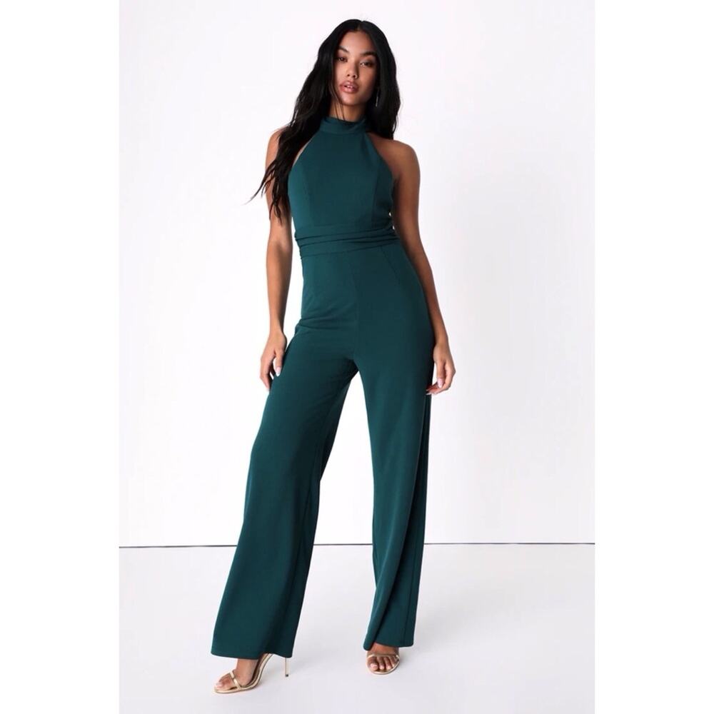 NWT Lulus Impressively Chic Forest Green Halter Backless Wide-Leg Jumpsuit XL